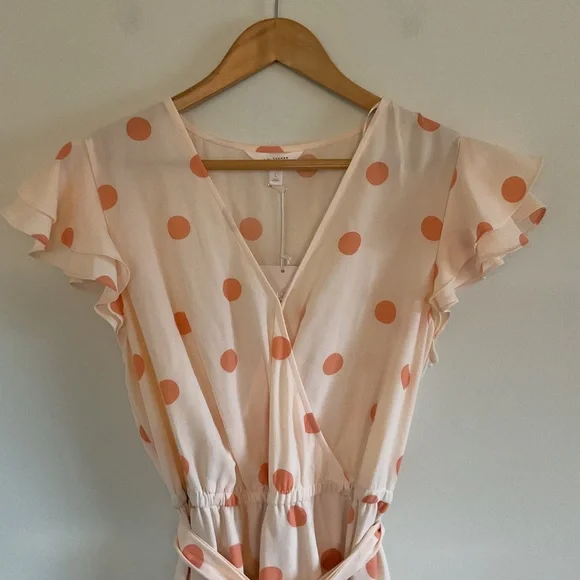 Lauren Conrad Faux Wrap Midi Dress Sz L Peach Orange Polka Dot Flutter Sleeve - Picture 2 of 11